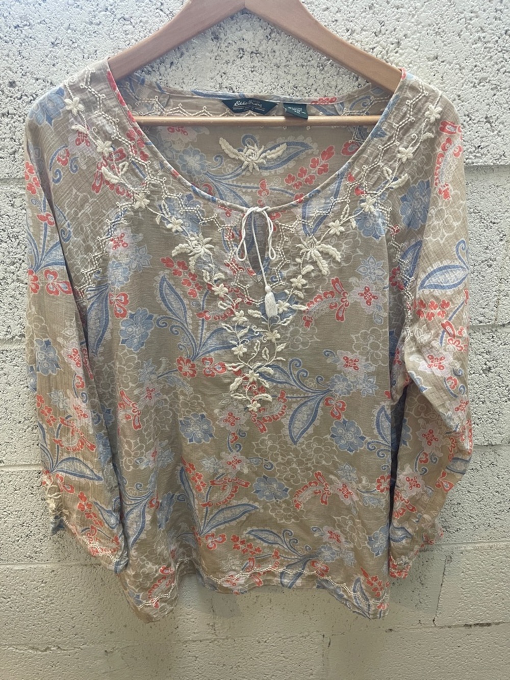 Eddie Bauer Embroidered Floral Peasant Blouse - Beige with Blue & Coral Accents